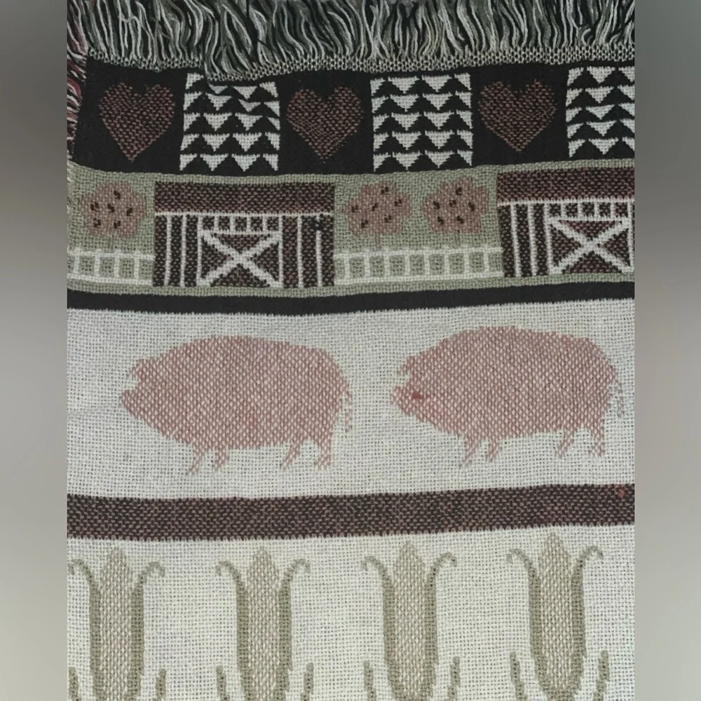 Vintage RARE Throw Blanket Tapestry Farm Pig & Hearts 46 x 70” Country Folk